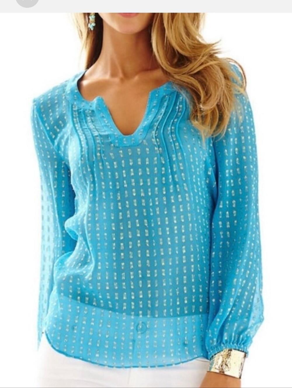 Lilly Pulitzer Sz Large Top Sheer Aqua And Gold Euc